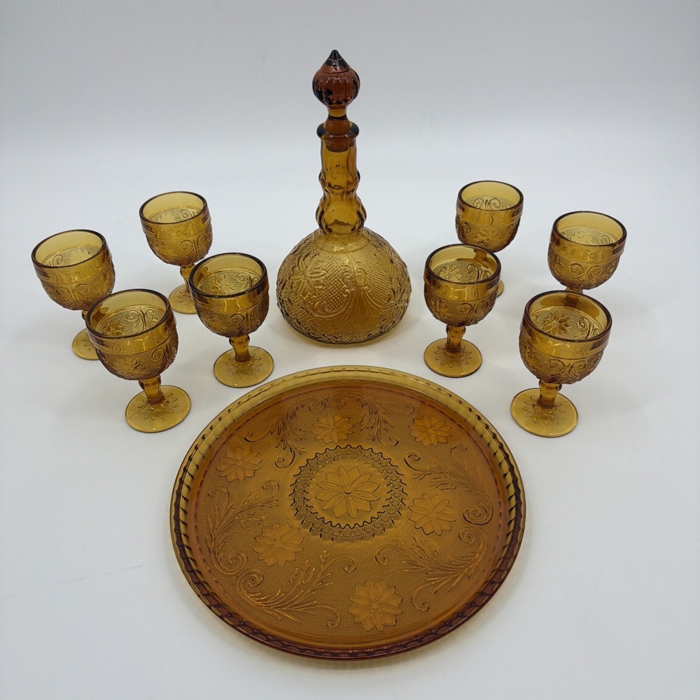 Tiara Sandwich Amber Decanter with Tray and 8 Goblets - Vintage Floral